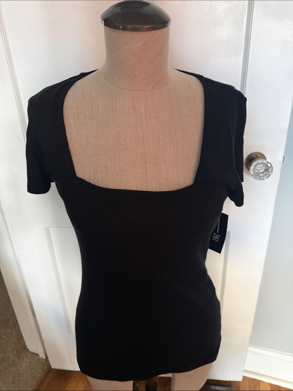 INC International Concepts Black Square-Neck Short Sleeve Ribbed Top